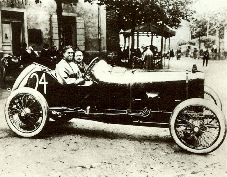 Dario Resta seen posing with the four-cylinder, sixteen-valve Sunbeam, prior to the Grand Prix de I'ACF at Lyon in 1914